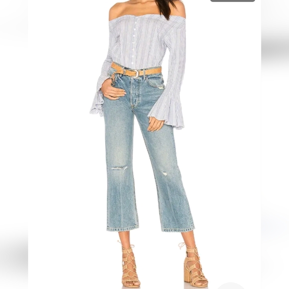 Free People Striped Blue Off Shoulder Blouse Bell Sleeve XS - Picture 4 of 14